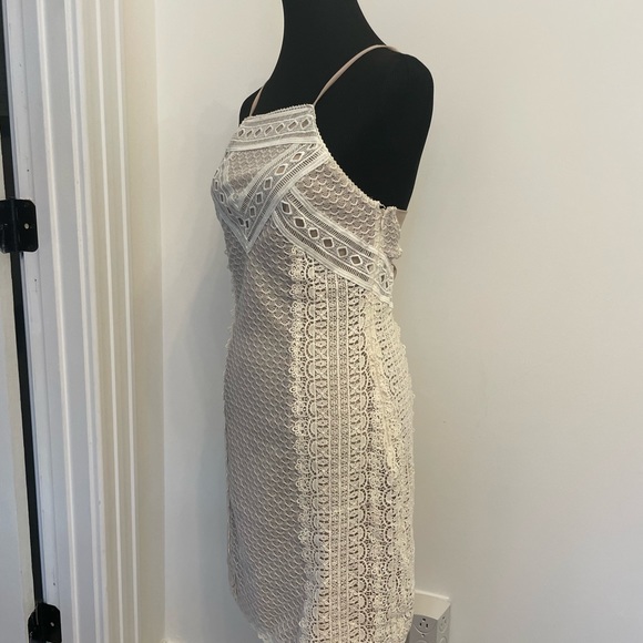 Greylin Off White Crochet Lace Nude Lined Cocktail Boho Mini Dress - Picture 3 of 10